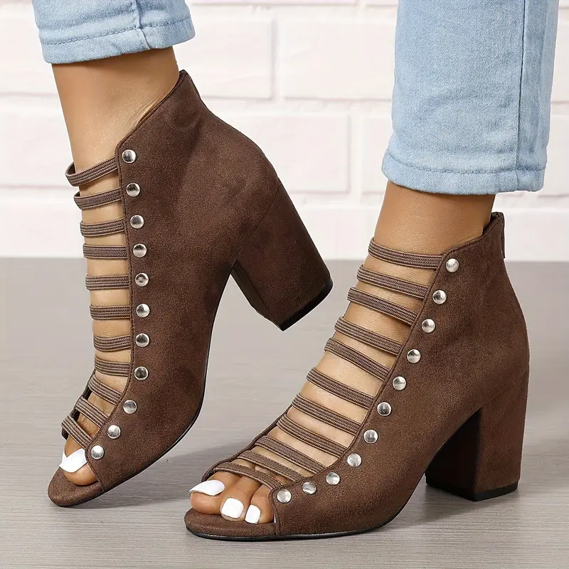 Women s Block Heeled Sandals, Studded Cutout Peep Toe Back Zipper Heels, Fashion Solid Color Going Out Sandals details 2