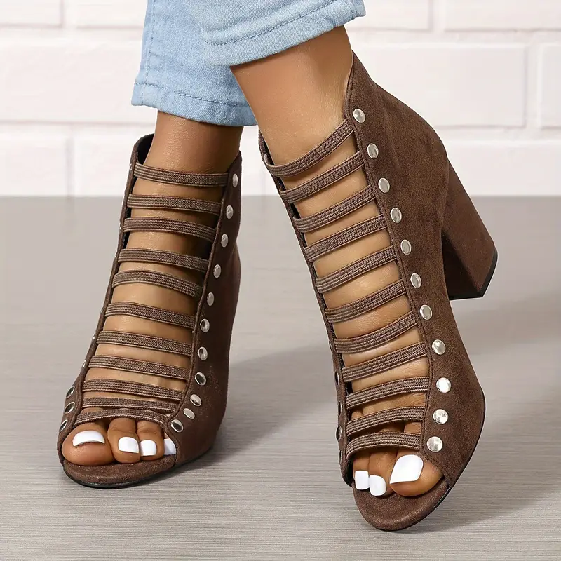 Women s Block Heeled Sandals, Studded Cutout Peep Toe Back Zipper Heels, Fashion Solid Color Going Out Sandals details 3