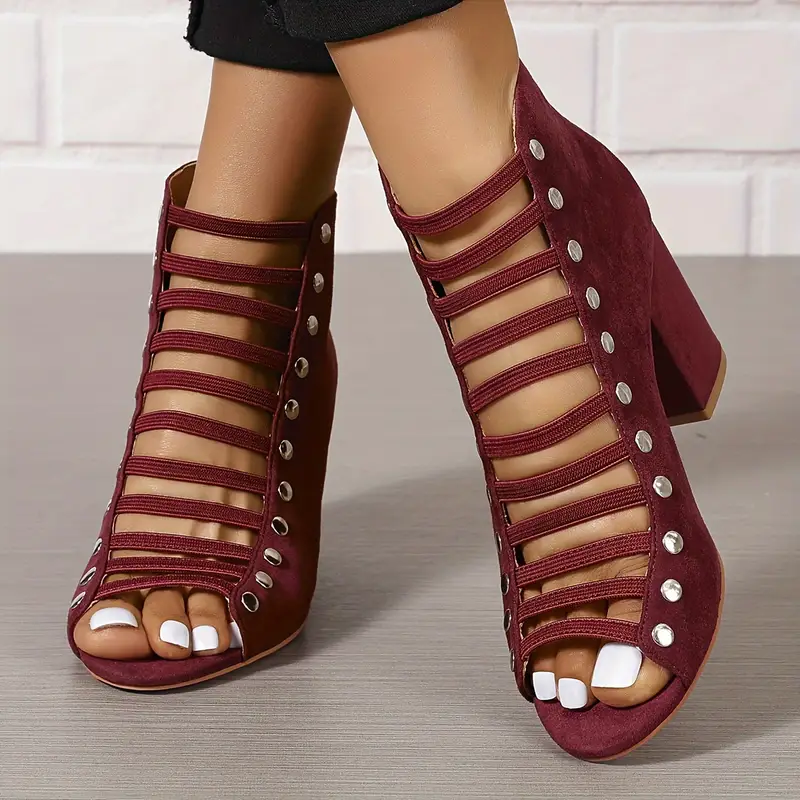 Women s Block Heeled Sandals, Studded Cutout Peep Toe Back Zipper Heels, Fashion Solid Color Going Out Sandals details 4