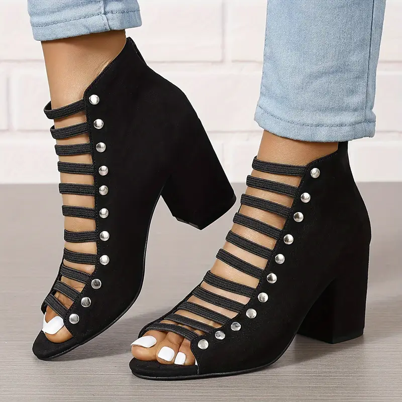 Women s Block Heeled Sandals, Studded Cutout Peep Toe Back Zipper Heels, Fashion Solid Color Going Out Sandals details 5