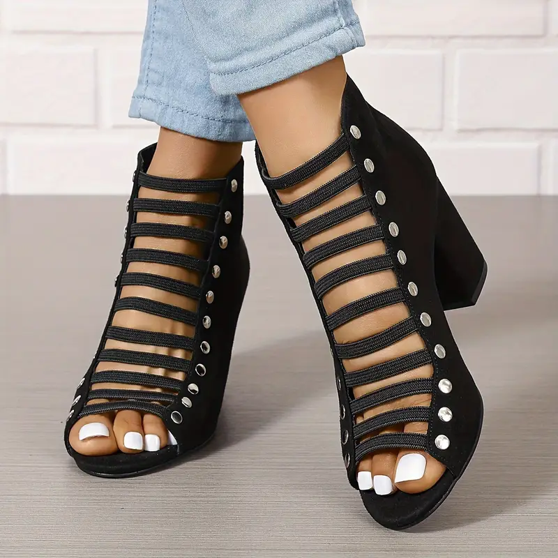 Women s Block Heeled Sandals, Studded Cutout Peep Toe Back Zipper Heels, Fashion Solid Color Going Out Sandals details 6